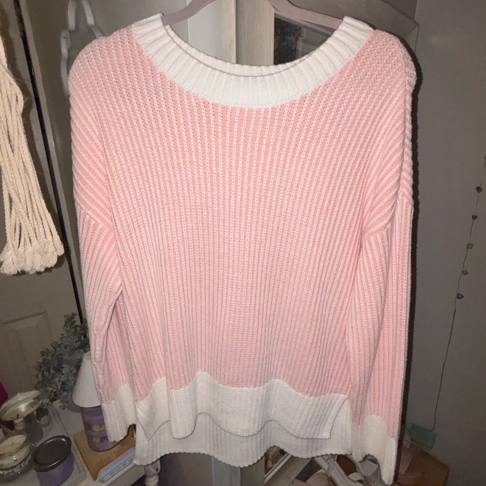 Pink and White Women's Sweater